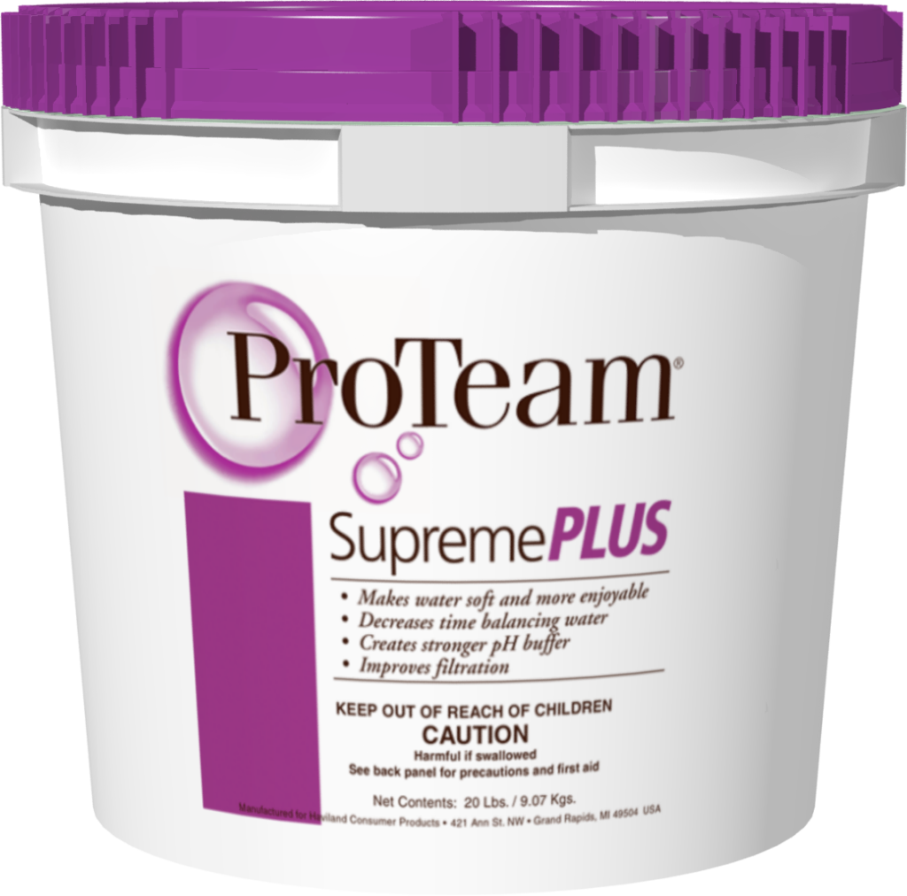 Photo of Supreme Plus, a pool product that improves water quality, makes water softer, and reduces skin and eye irritation in swimming pools